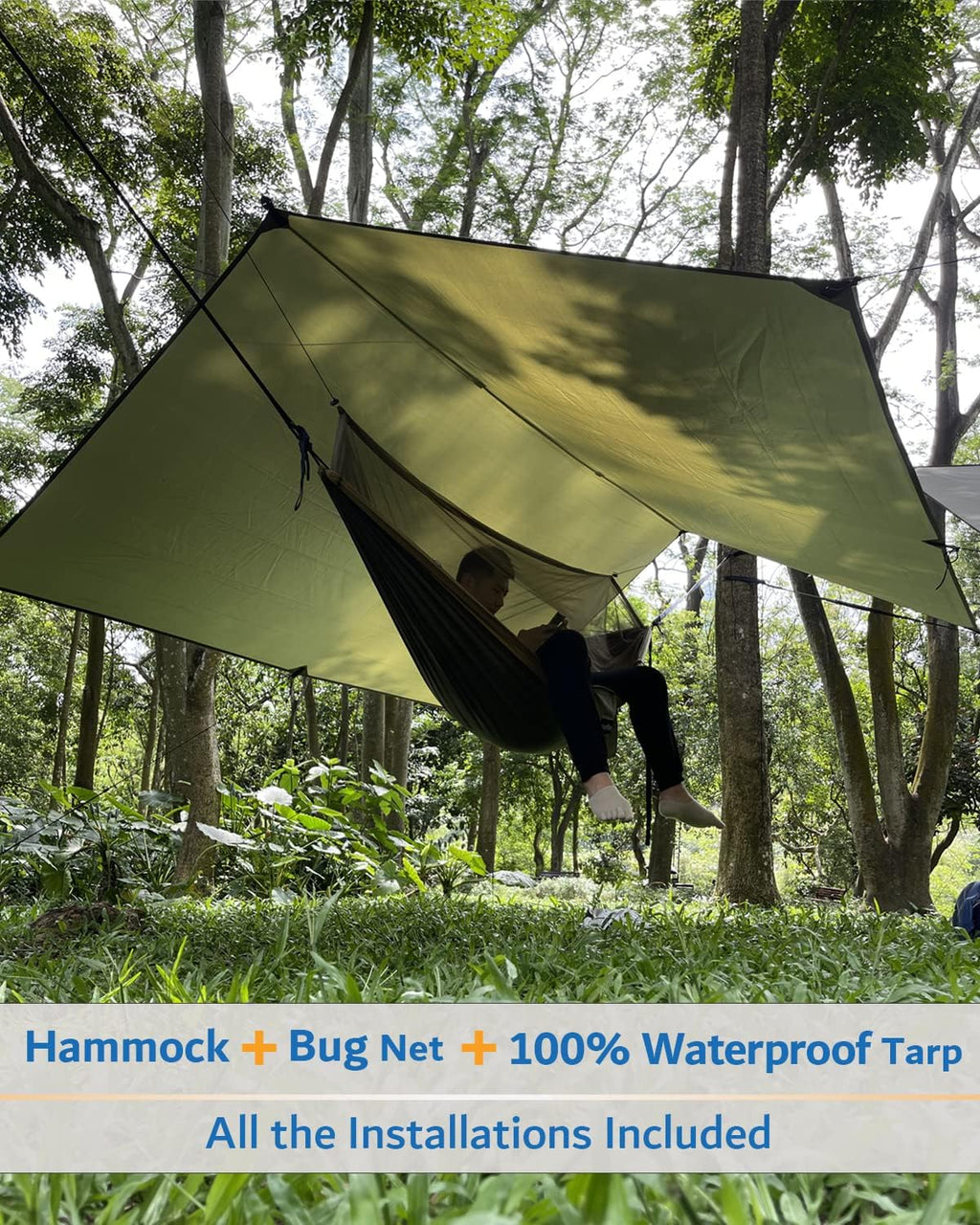 Sunyear Hammock Camping with Rain Fly Tarp and Net, Portable Camping Hammock Double Tree Hammock Outdoor Indoor Backpacking Travel & Survival, 2 Tree Straps,100% Waterproof Green Bundle