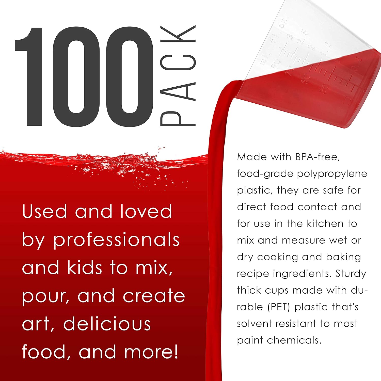 Pouring Masters 3 Oz (90 ml) Liquid Measuring Cups, 100 Pack with 25 Sticks
