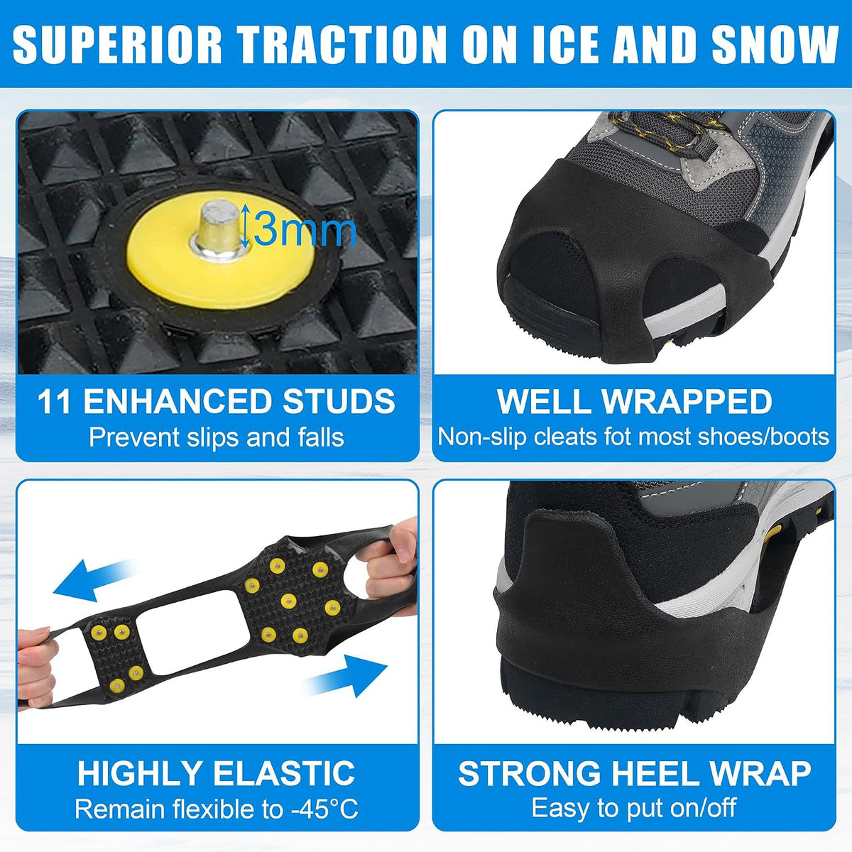 Crampons Ice Cleats for Boots Men and Women Anti Slip Grips Snow Ice Shoes Rubber Snow Traction Cleats Slip-on Stretch Footwear Walking Crampon