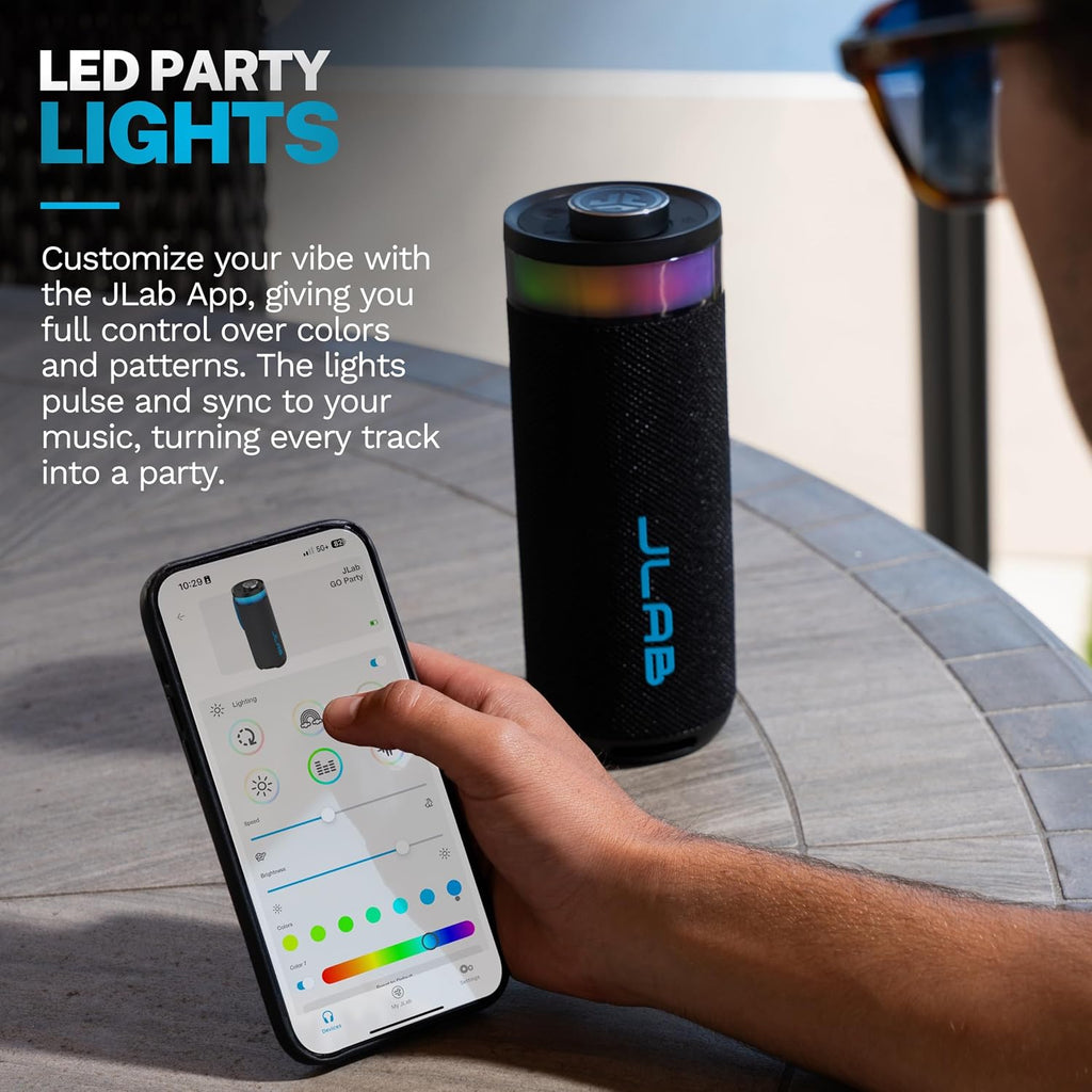 JLab, Go Party, Portable Bluetooth Speaker, Waterproof RGB LED, Midnight Black