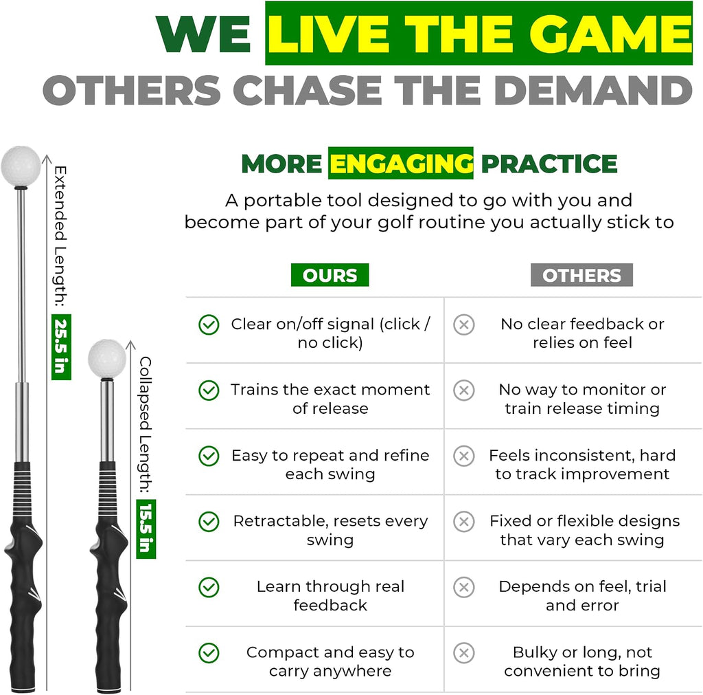 5-in-1 Retractable Golf Swing Trainer, Training Aid with Grip Trainer, Grip Correction for Beginners & Tempo Training for Advanced, Click Feedback, Right/Left-Handed