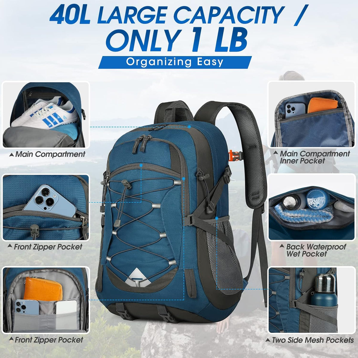 IGOLUMON Hiking Backpack 40L Packable Lightweight Camping Daypack Men Women
