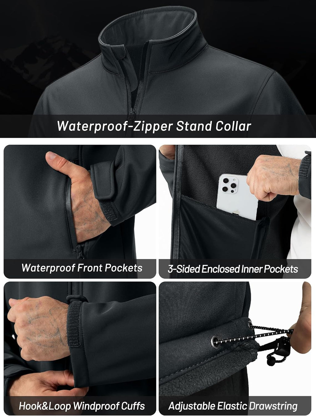 ZITY Men's Softshell Jacket Fleece Lined Lightweight Waterproof Rain Jacket Zip Up Soft Shell Windproof Windbreaker