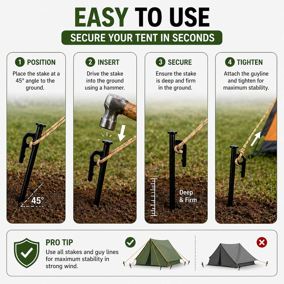 16 Inch Heavy Duty Steel Tent Stakes, 2 Pack Ground Anchors, Black