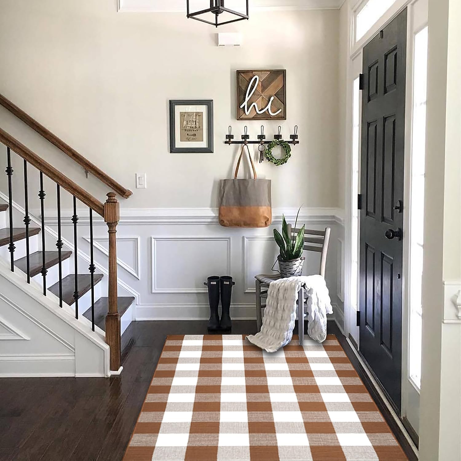 Homydecor Buffalo Plaid Outdoor Rugs, 28'' x 43'' Coffe and White Checkered Area Rug, Layering Rug for Hello/Welcome Door Mat, Washable Cotton Woven Farmhouse Mat for Front Porch Décor