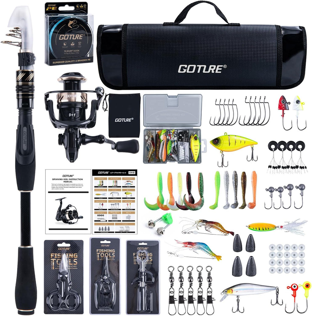 GOTURE Telescopic Fishing Rod and Reel Combos, Carbon Fiber Travel Fishing Pole, 9+1 BB Spinning Reel, Saltwater Freshwater Fishing Gear Kit with Braided Line, Lures, Carrier Bag for Bass Trout