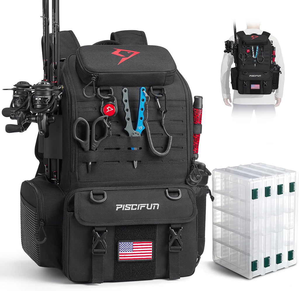 Piscifun 52L Fishing Tackle Backpack, 17 Pockets, Rod Holders & 4 Boxes