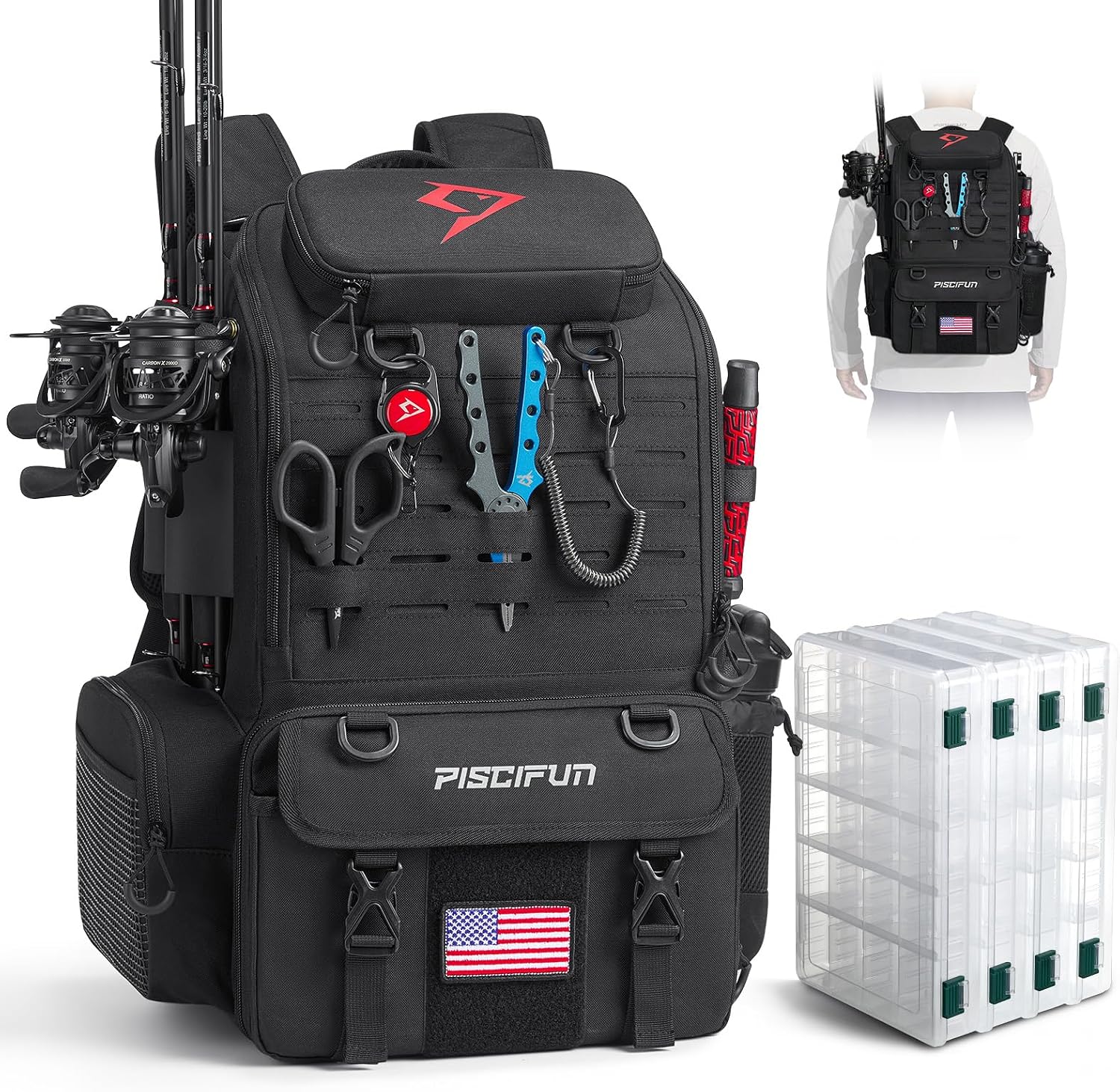 Piscifun 52L Fishing Tackle Backpack, 17 Pockets, Rod Holders & 4 Boxes