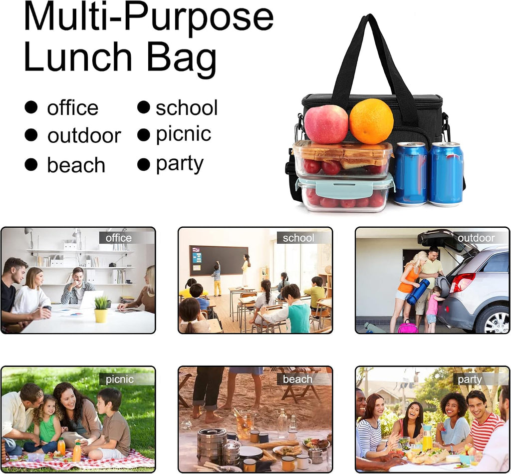 Femuar Reusable Lunch Box for Men/Women - Insulated Lunch Bag Leakproof Lunchbox for Work Office Picnic Beach - Freezable Lunch Cooler Bag with Adjustable Shoulder Strap - Black