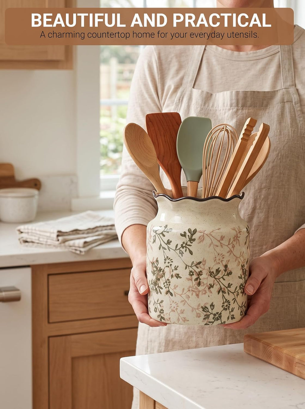 Ceramic Utensil Holder for Kitchen Counter, Vintage Floral Farmhouse Décor