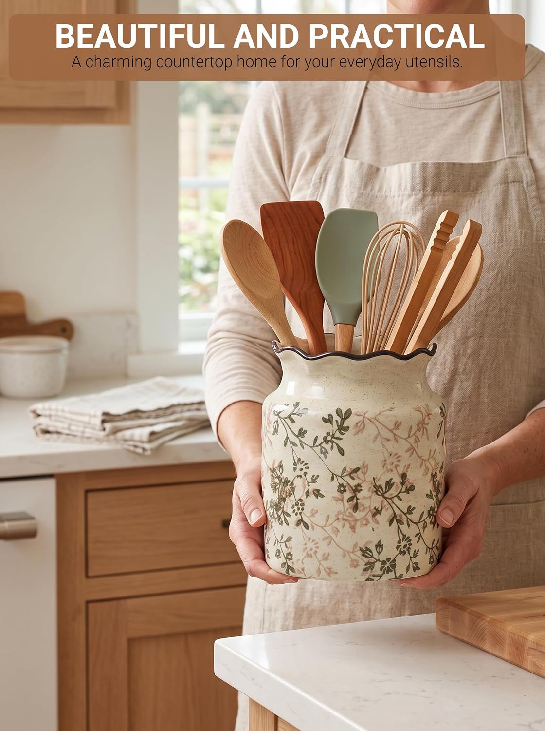Ceramic Utensil Holder for Kitchen Counter, Vintage Floral Farmhouse Décor