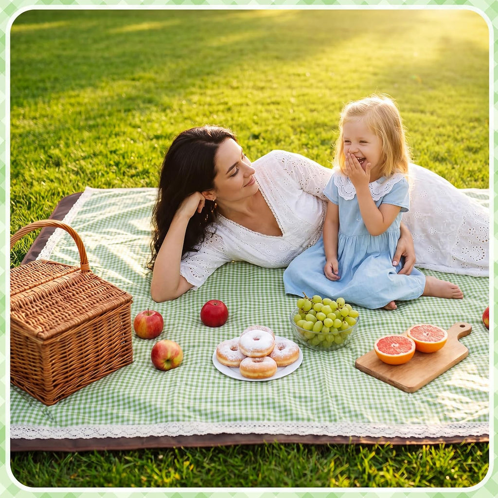 VitalCozy Gingham Picnic Blankets 59x78 in Outdoor Waterproof, Green White