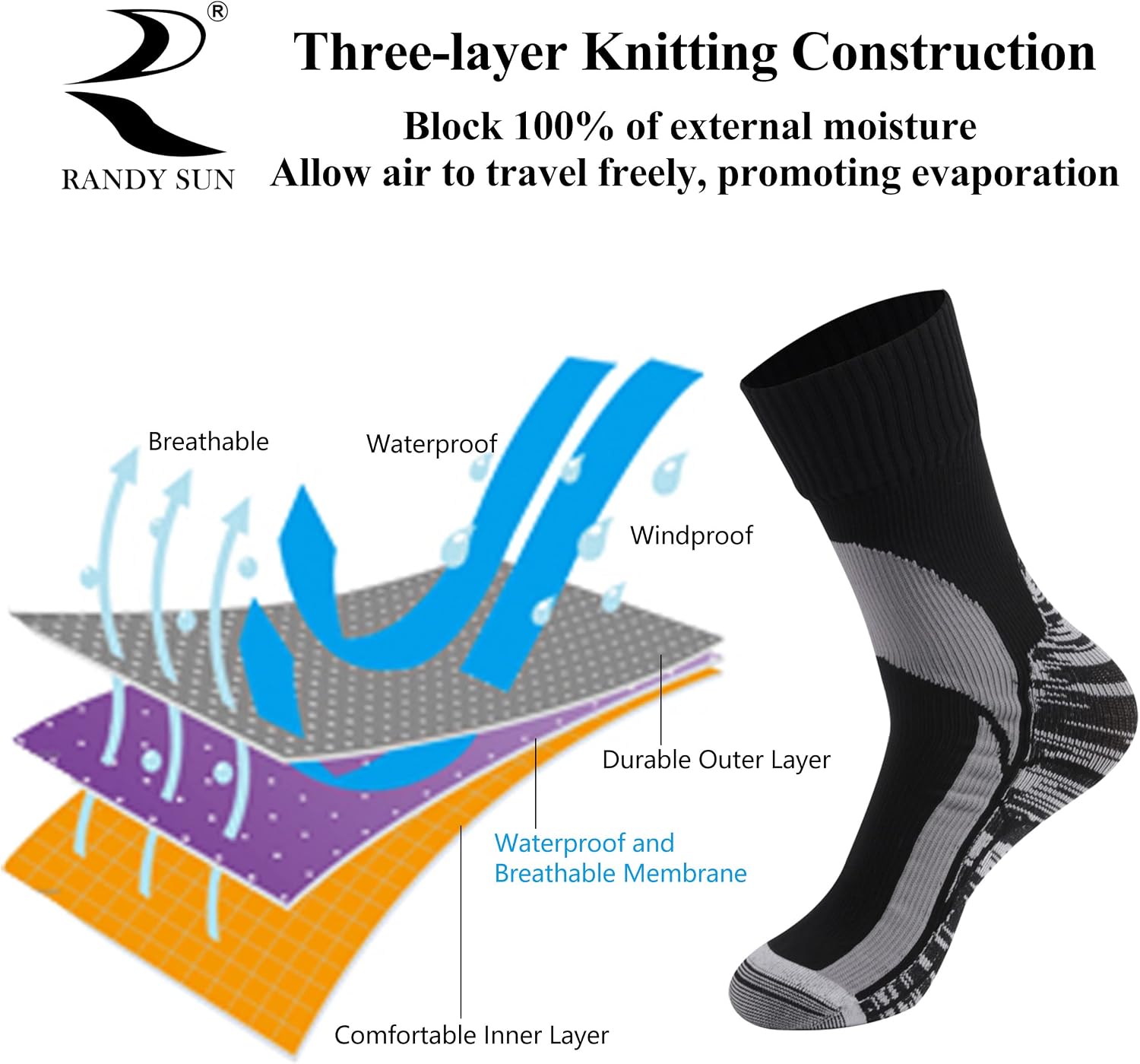 RANDY SUN Waterproof Breathable Socks, [SGS Certified] Unisex Skiing Trekking Hiking Wading Trail Socks