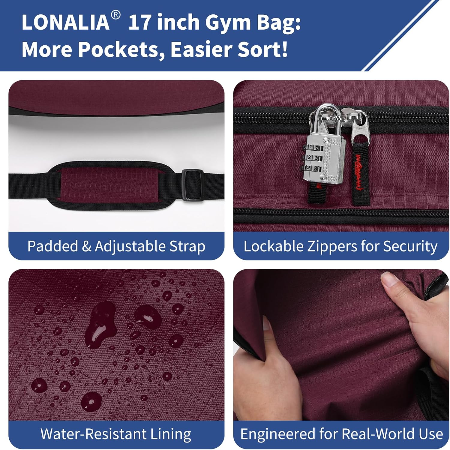 30L Gym Sport Duffle Bag, 17 inch, Maroon