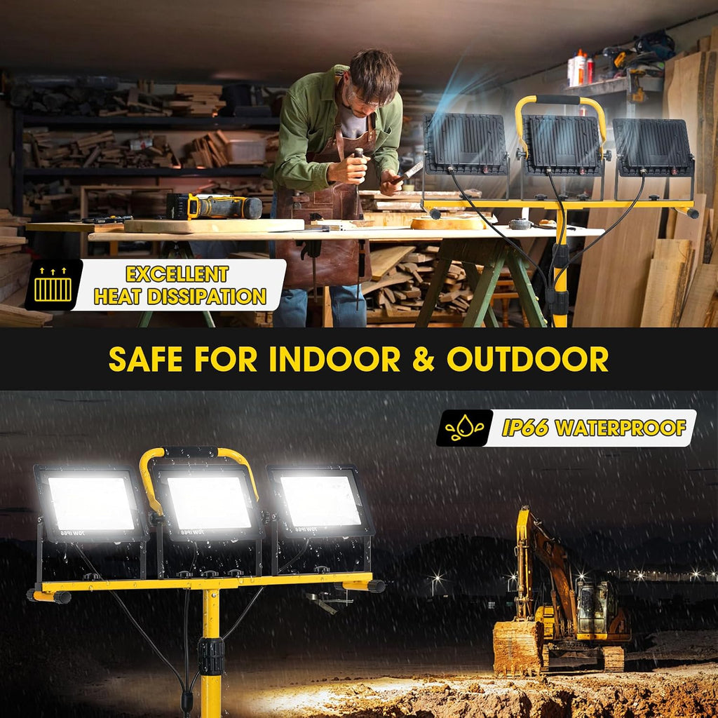 Zetunlo 21000Lumen LED Work Lights with Stand - 3 Head Portable Work Light with 16FT Cord - IP66 Waterproof Tripod Worklights for Outdoor Indoor Job Site Workshop Garage Construction Site Lighting