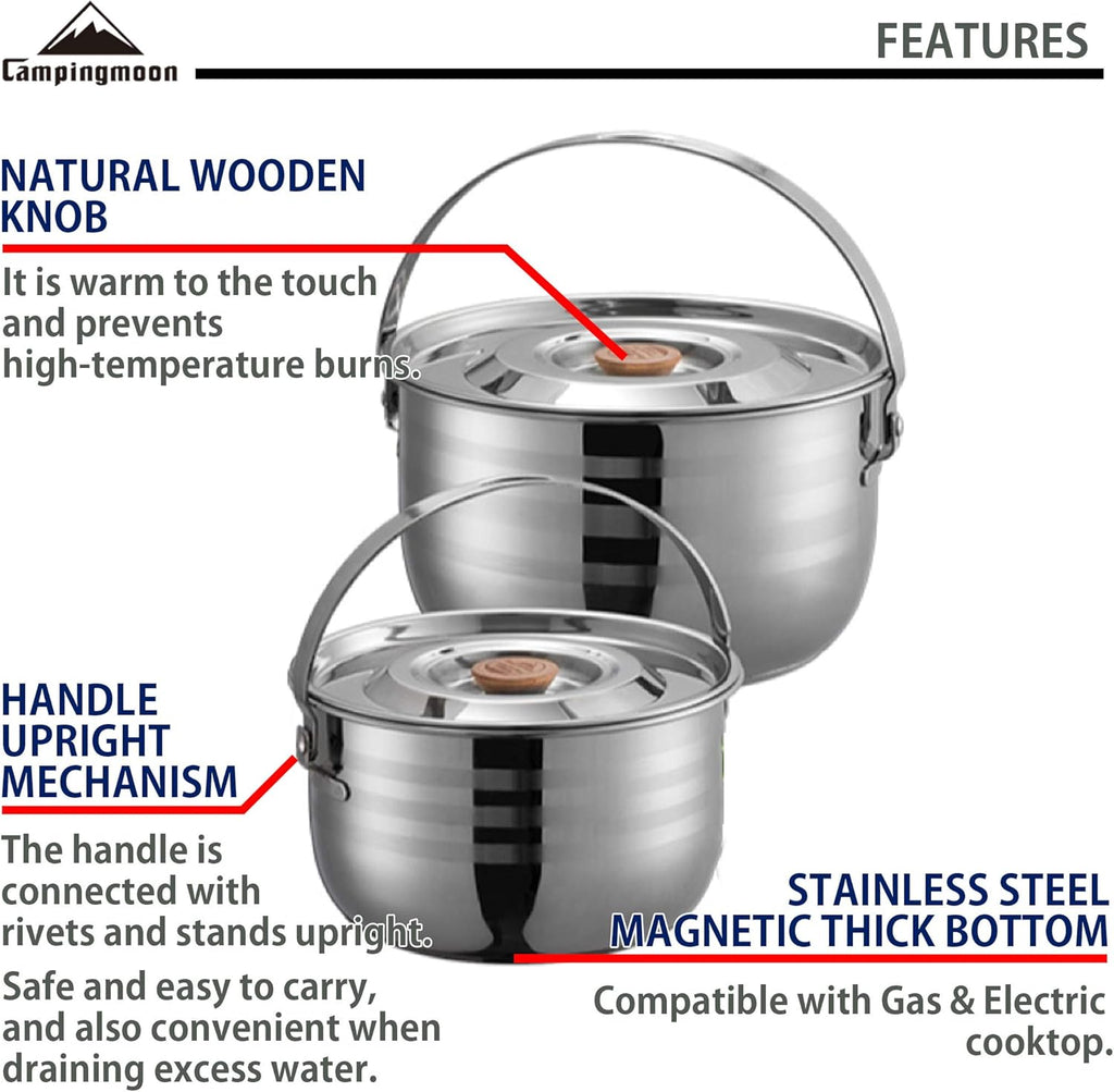 CAMPINGMOON Camping Cookware Set Stainless Steel Outdoor Nesting Cooking Mess Kit Pots Pans Bowls with Storage Carrying Tote Bag