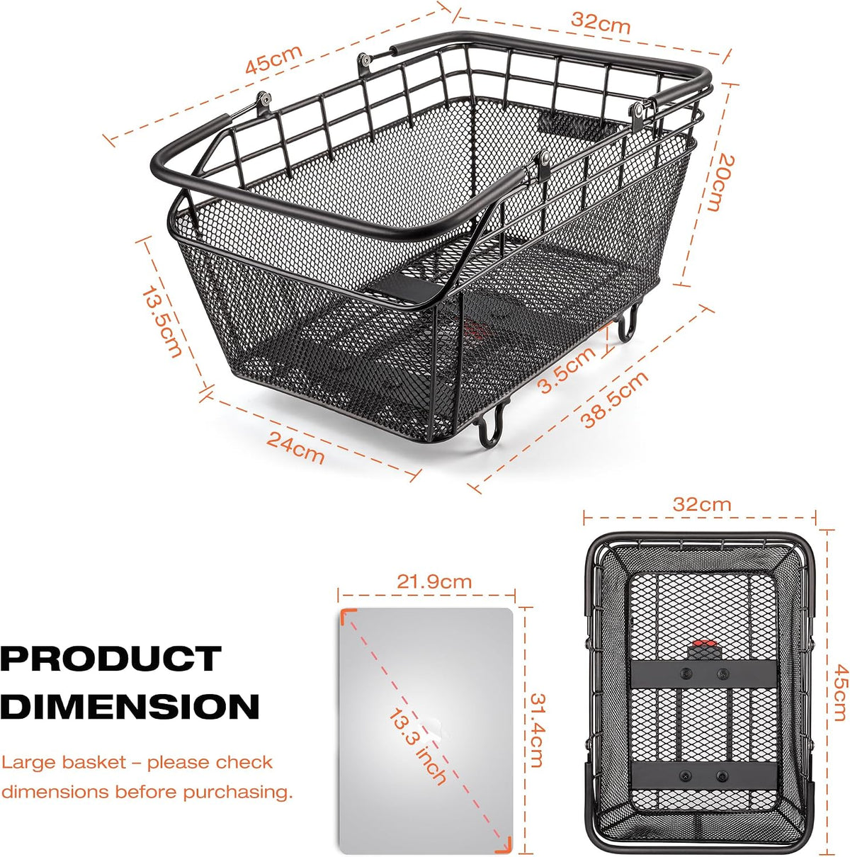 CXWXC Rear Bike Basket with Handle - Quick Release Bicycle Rear Basket
