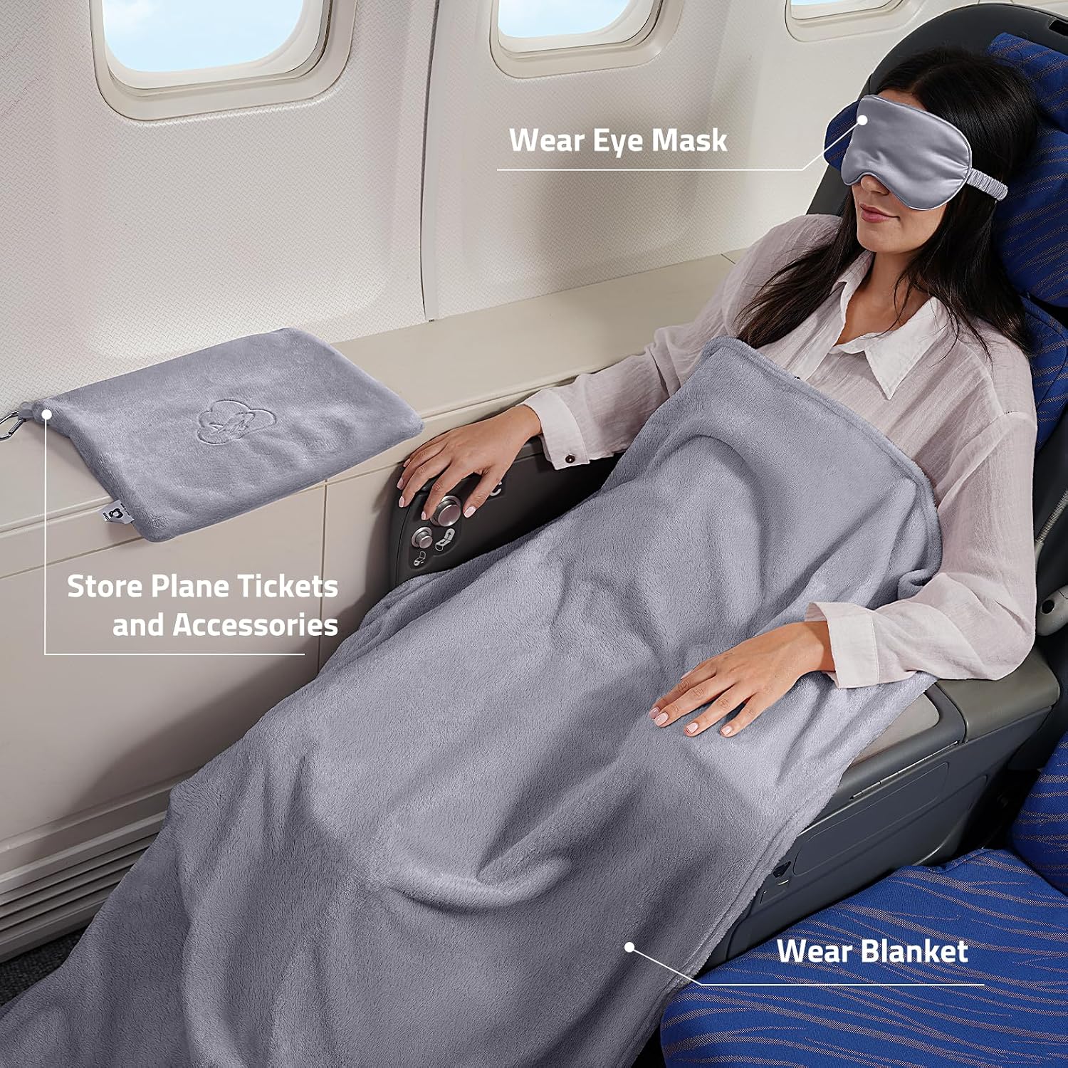 Travel Blanket Pillow,Airplane Blanket Compact with Bag Eye Mask, Ultra-Soft,Warm & Lightweight Included,Travel Essentials for Women & Men, Luggage Sleeve & Backpack Clip 65x40 in, Grey