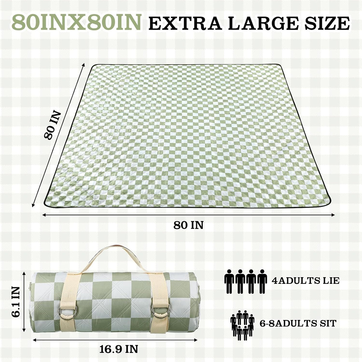 Nuanchu Checkered Picnic Blanket Extra Large Outdoor Blanket Sandproof 80"x80" Waterproof Portable Machine Washable 3 Layer Thick Gingham Picnic Mat for Beach Camping Park Grass Travel(Grass Green)