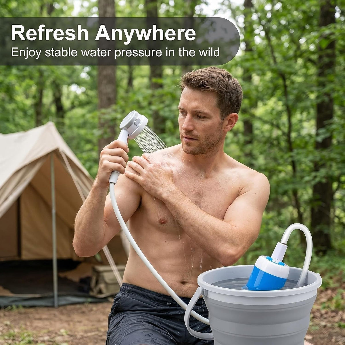 Portable Shower, USB Rechargeable Camping Shower Pump with Adjustable Pressure Head for Camping, Beach, Pet Bath, Car Wash, Garden & Travel Emergency