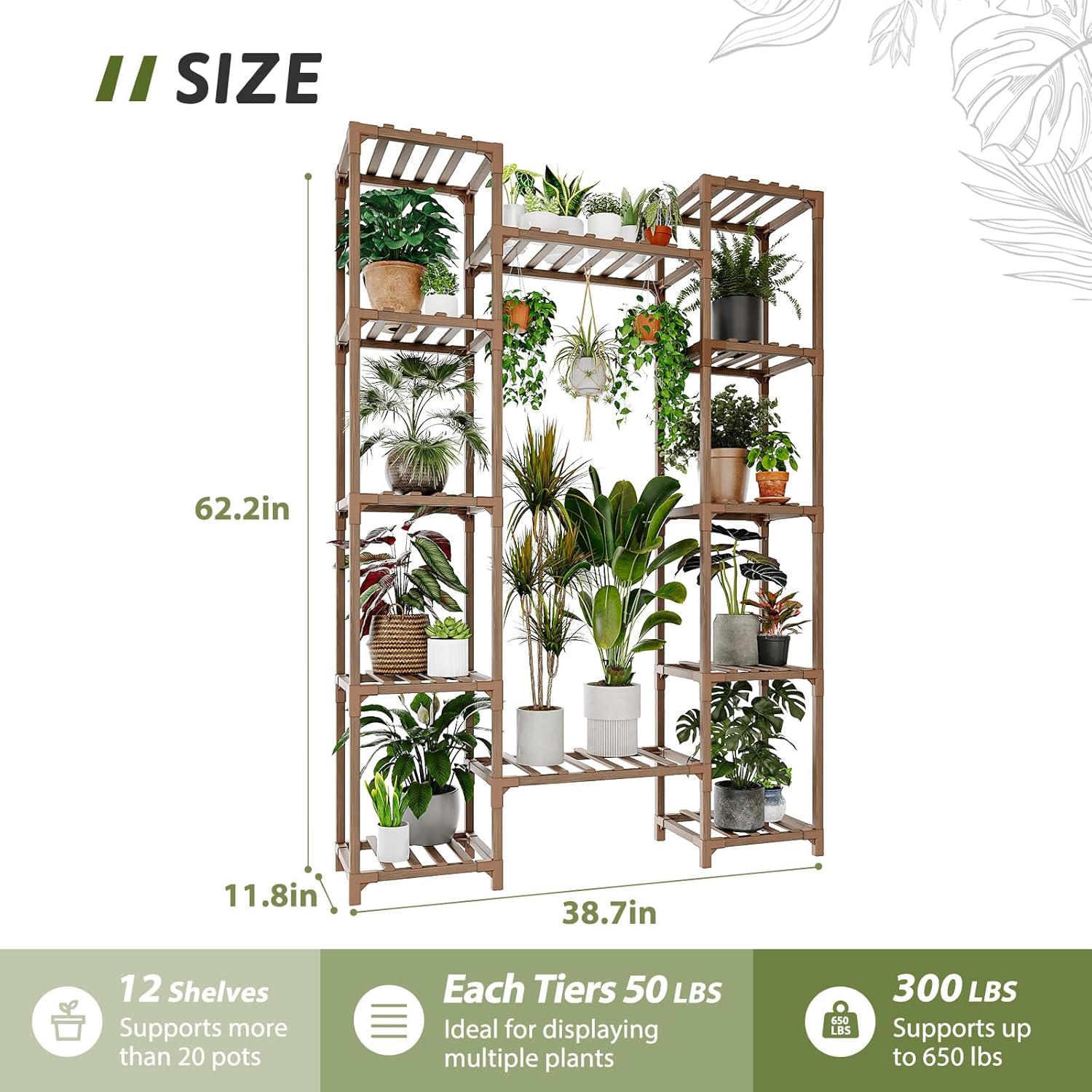 GENTINGBRO Plant Stand Indoor Outdoor 62.2“ Tall Plant Shelf Large Tiered Flower Stands for Multiple Display Wood Hanging Planter Holder for Living Room Garden Balcony Patio Decor