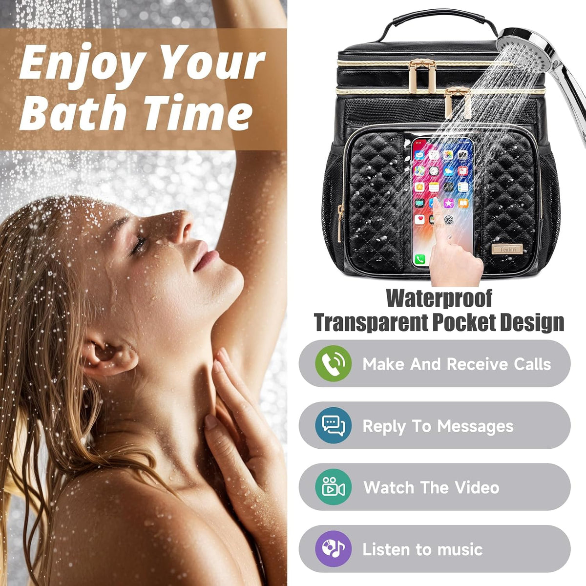 Large Leather Toiletry Bag for Women Men,Bathroom Bag,Water Resistant Shower Bag,Makeup Bag,Portable Shower Caddy for College Dorm,Hanging Travel Toiletry Bag with Transparent Waterproof Phone Pocket