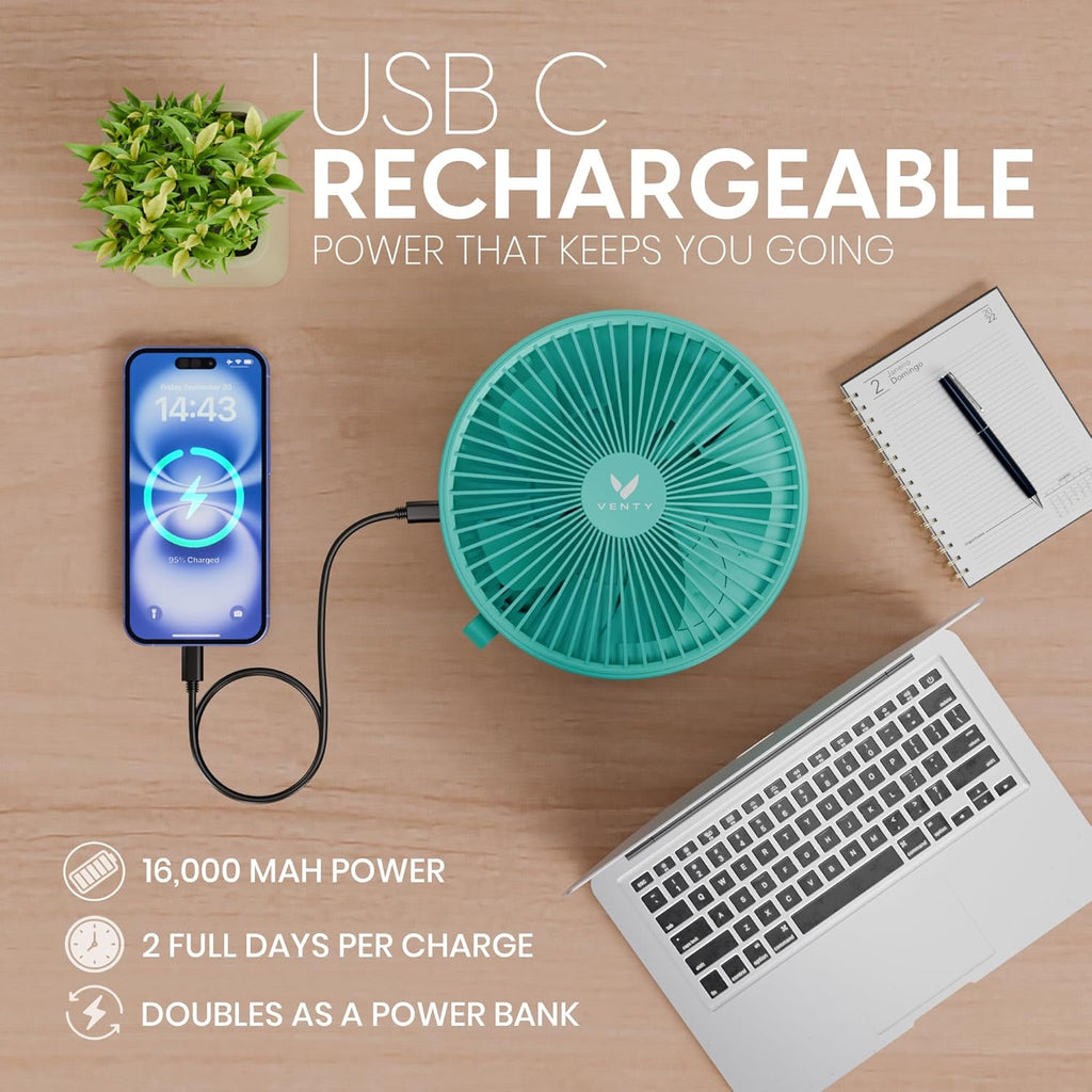 VENTY Portable Fan - Wireless Battery Operated Fan - 4 Speeds - LED Lighting - Carry Case & Remote Control - Cruise Travel - Outdoor Travel RV Power Bank With USB-C Port (Mint with Case)