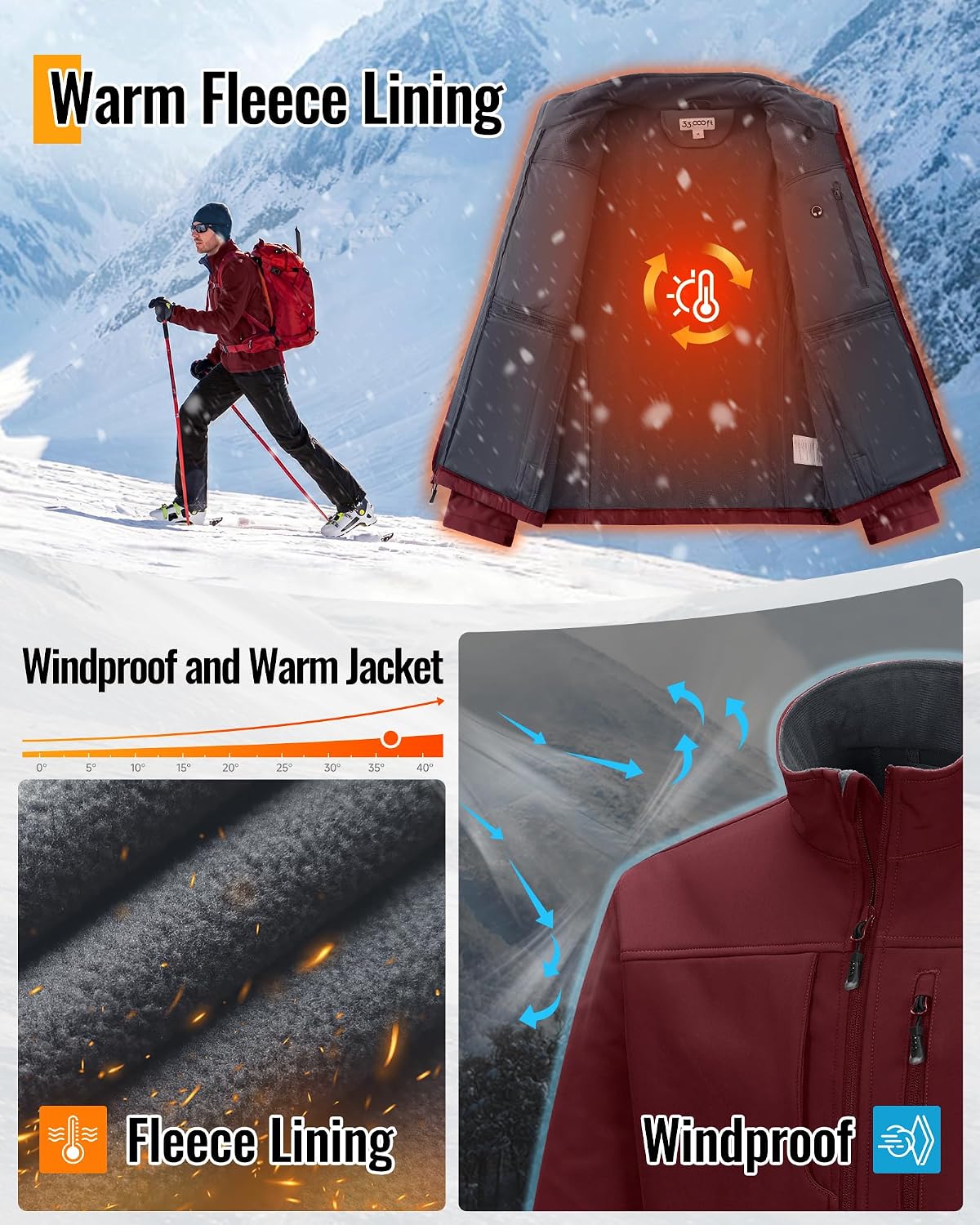 33,000ft Men's Lightweight Softshell Jacket Fleece Waterproof Windbreaker
