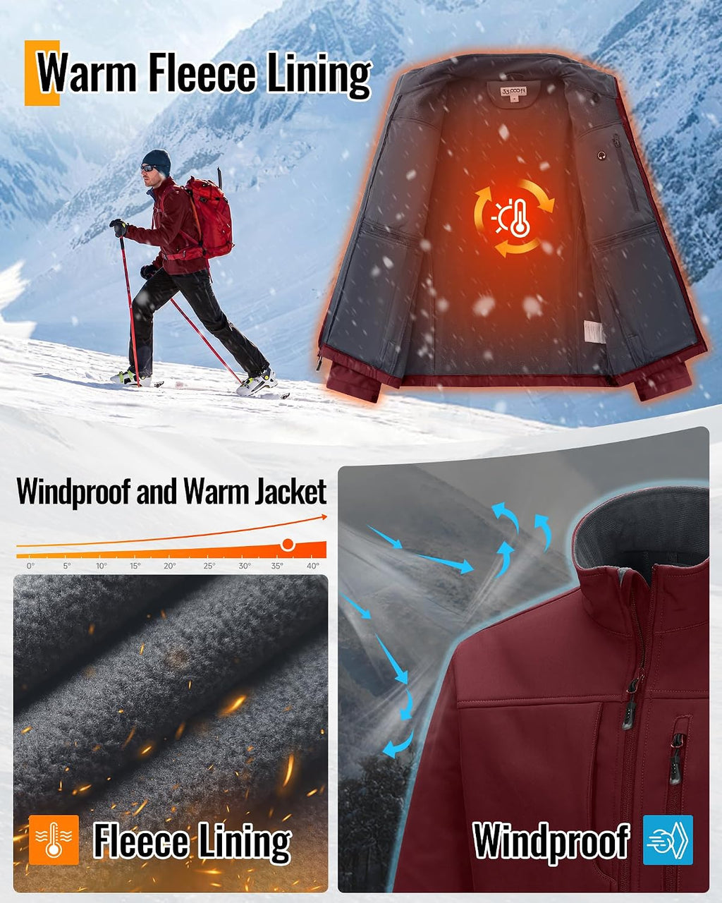 33,000ft Men's Lightweight Softshell Jacket Fleece Waterproof Windbreaker