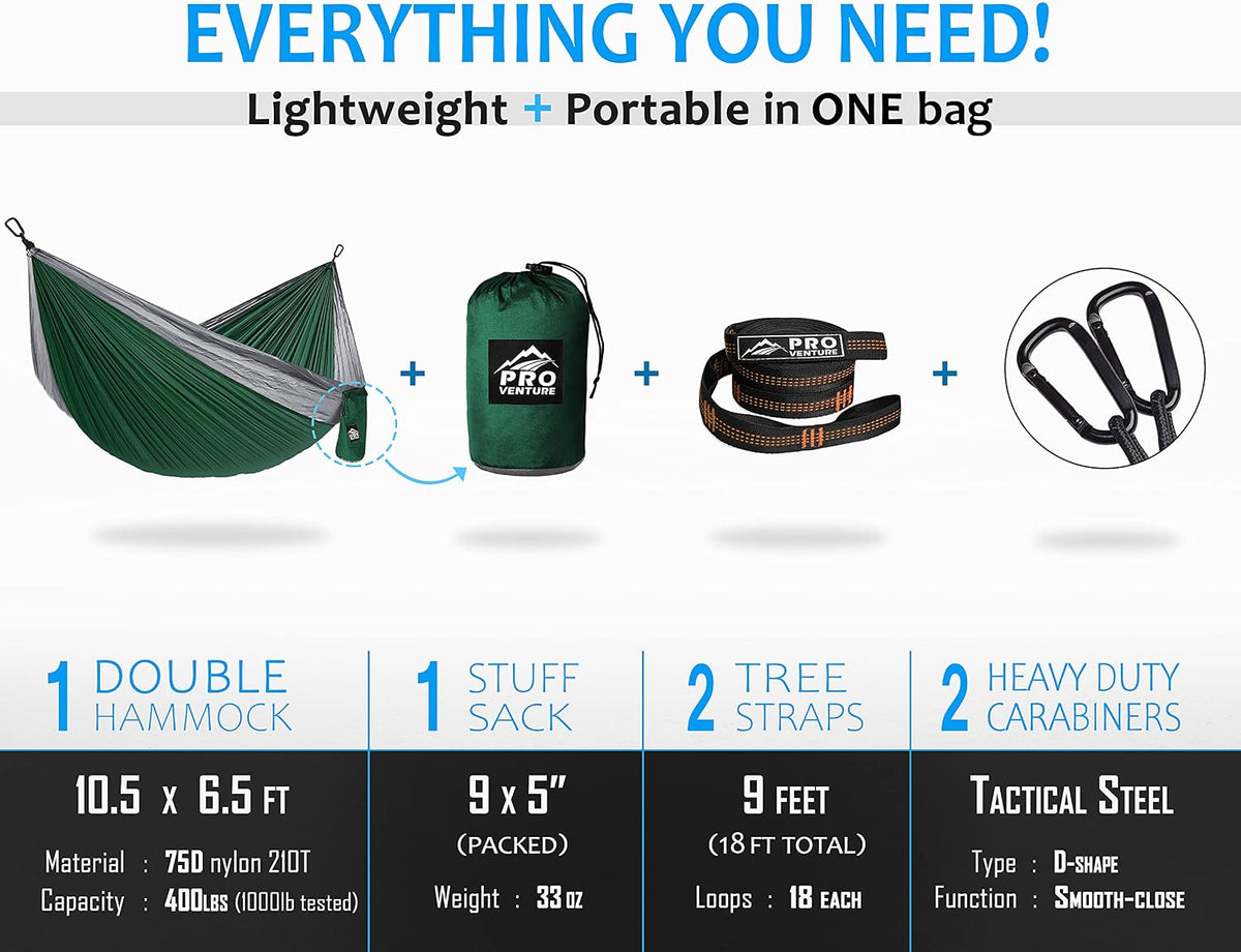 Camping Hammock 500 lb Capacity – Portable Double Hammock with Tree-Friendly Straps and Carabiners, Lightweight for Backpacking, Hiking, Travel, Beach, Backyard