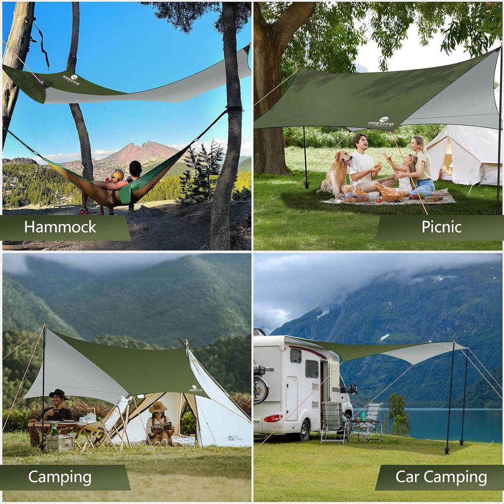 Camping Tarp with Poles & Retainer, 15x12.5FT Large Waterproof 210D Oxford Cloth Camping Canopy, Anti-UV UPF100+ Camping Awning Tent Tarp Car Awning for Outdoor, Picnic, Car, Hammock (Army Green)