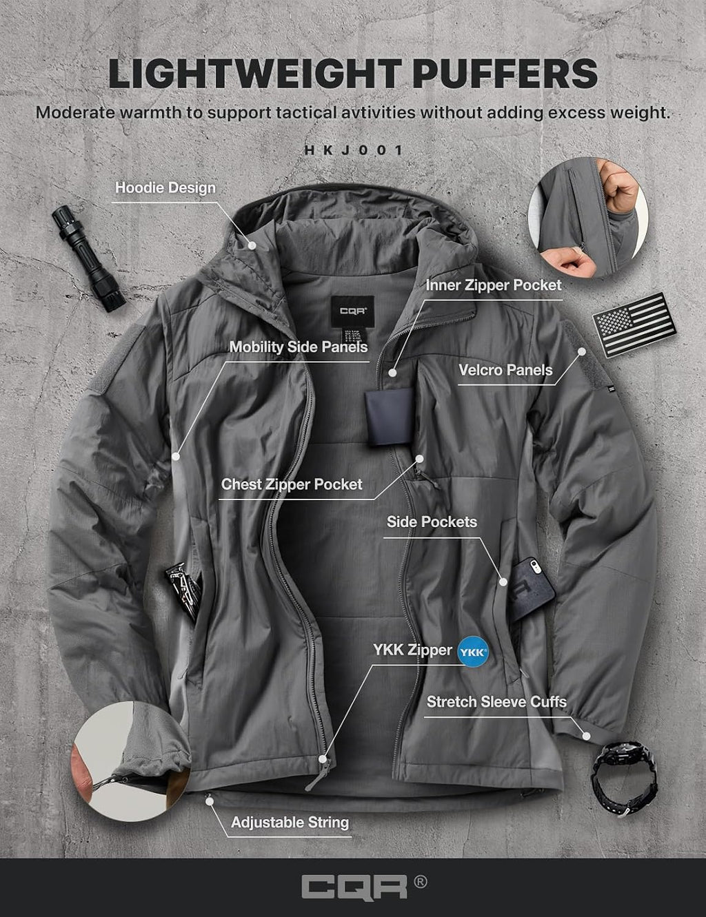 CQR Men's Lightweight Warm Insulated Jacket, Windproof Water Resistant Winter Active Coat for Hiking Work Outdoor Tactical