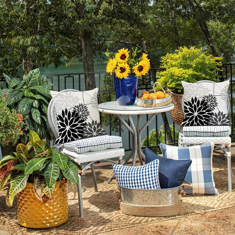 DFXSZ Black Grey Floral Outdoor Pillow Covers 18x18 Set of 2 Waterproof