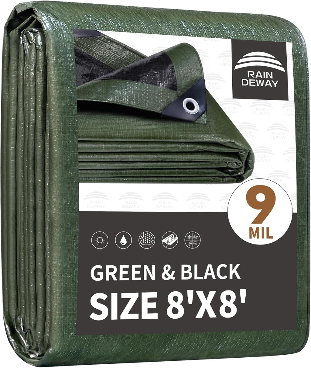 RAINDEWAY 8x8 Feet Tarp Waterproof,9Mil Green/Black Poly Tarps Cover