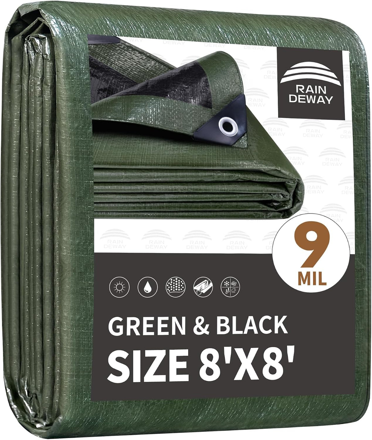 RAINDEWAY 8x8 Feet Tarp Waterproof,9Mil Green/Black Poly Tarps Cover