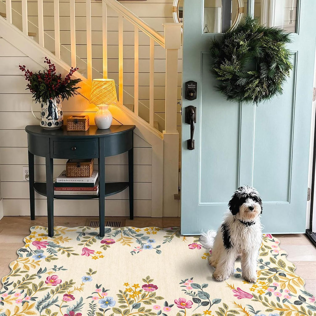 Colorful Floral Entry Rug - 3x5 Ft Washable Indoor Outdoor Front Door Mat Outside Entrance Front Porch Mat Non-Slip Boho Throw Rugs for Living Room Bedroom Entryway Kitchen Office Porch Decor