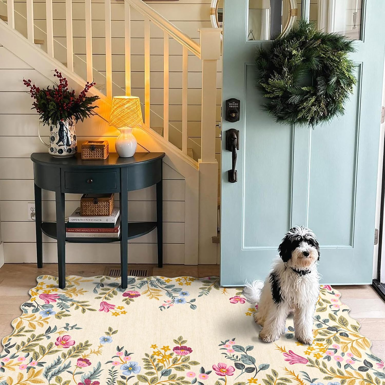 Colorful Floral Entry Rug - 3x5 Ft Washable Indoor Outdoor Front Door Mat Outside Entrance Front Porch Mat Non-Slip Boho Throw Rugs for Living Room Bedroom Entryway Kitchen Office Porch Decor