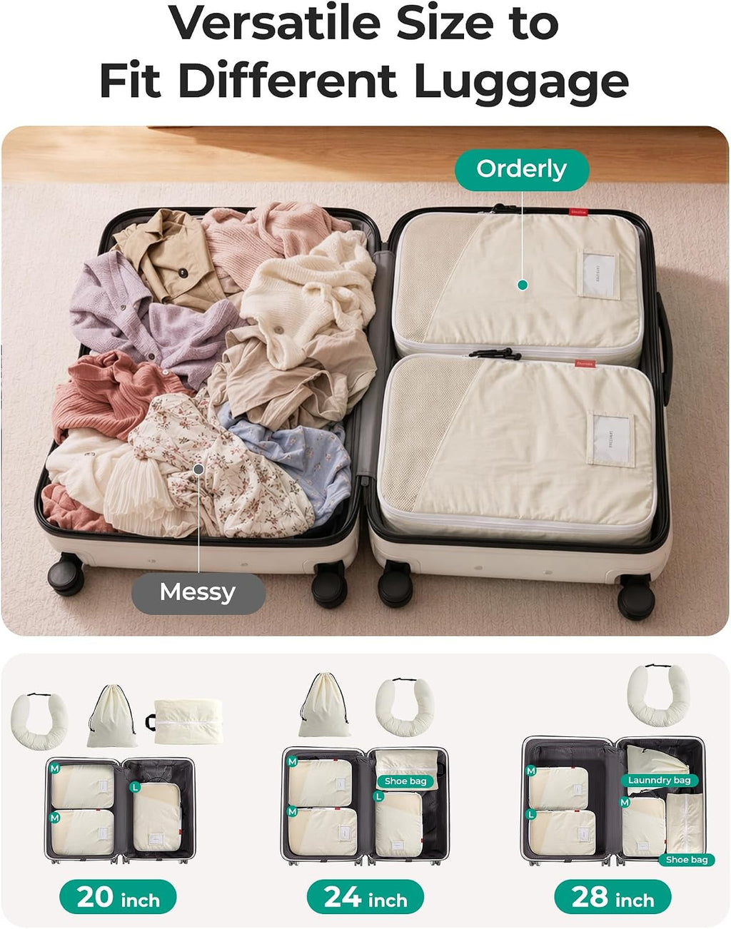BAGSMART 6 Set Packing Cubes for Travel with Fillable Neck Pillow, Shoe Bag