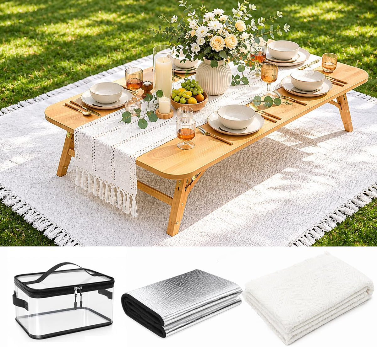 91 x 71inch White Outdoor Picnic Blanket with Waterproof Mat & Bag