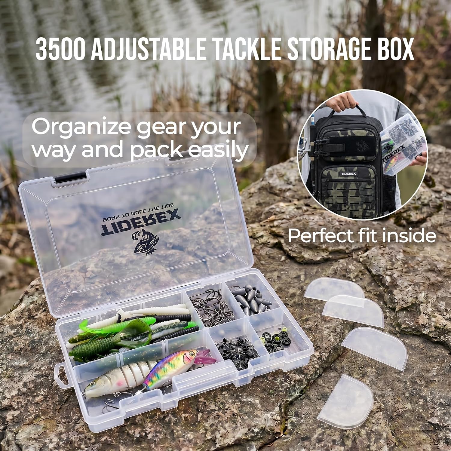 Fishing Sling Bag with 3500 Tackle Box & Fishing Gear, Black Camo.