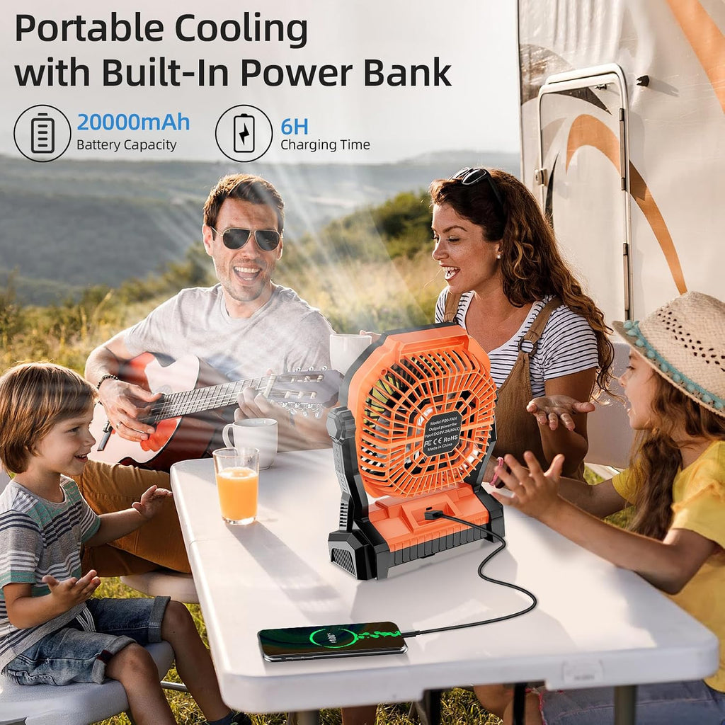 Camping Fan Rechargeable, 20000mAh Battery Powered Portable Fan with LED Light, 4-Speed 180° Adjustable, Camping Essentials for Tent, Travel, Car, Outdoor, Indoor, BBQ, Fishing, Jobsite - Orange