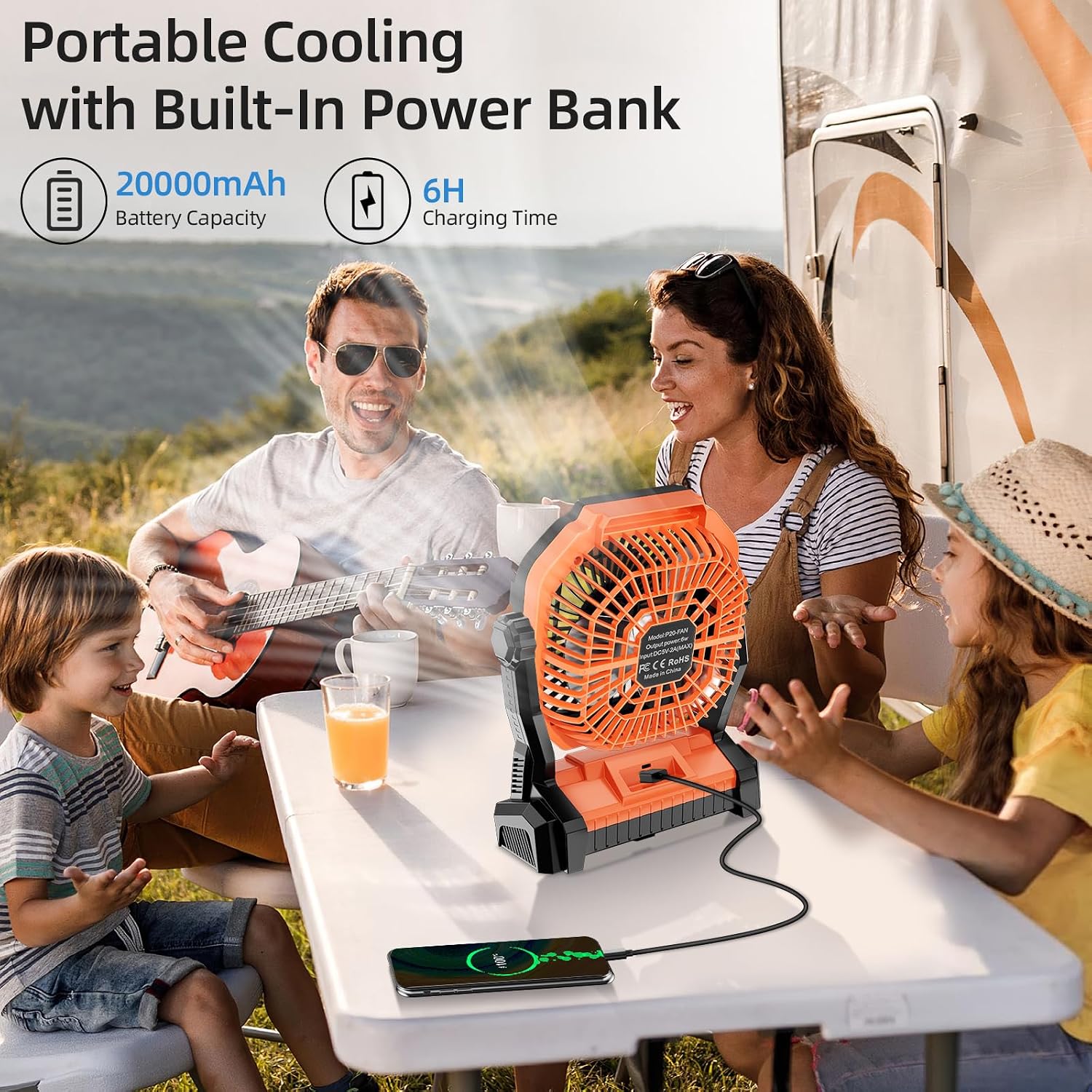 Camping Fan Rechargeable, 20000mAh Battery Powered Portable Fan with LED Light, 4-Speed 180° Adjustable, Camping Essentials for Tent, Travel, Car, Outdoor, Indoor, BBQ, Fishing, Jobsite - Orange