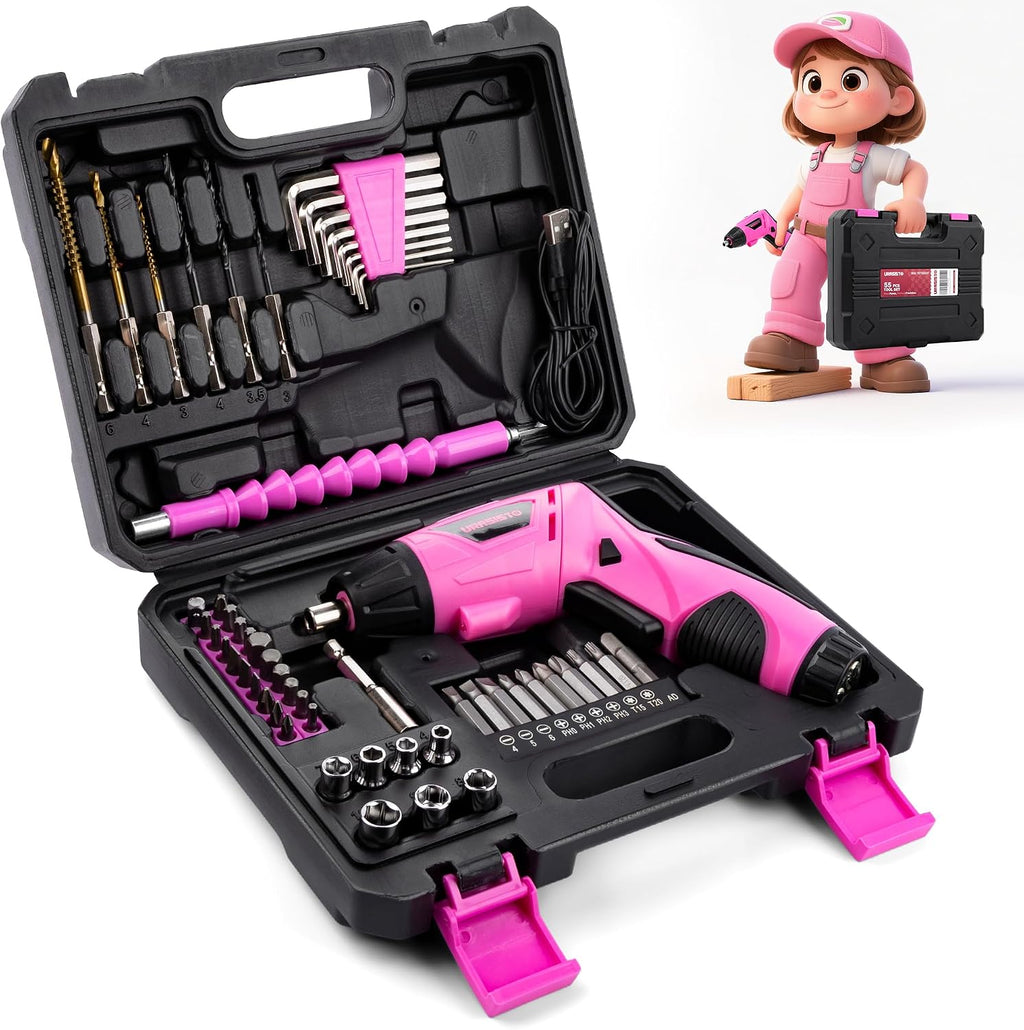 URASISTO 55-Piece Kids Real Tool Set, Electric Cordless Drill Tool Kit for Children with Interchangeable Bits, Flexible Shaft, Charger, All in Carrying Case, Power Drill Tools Set for Kid, Age 14+