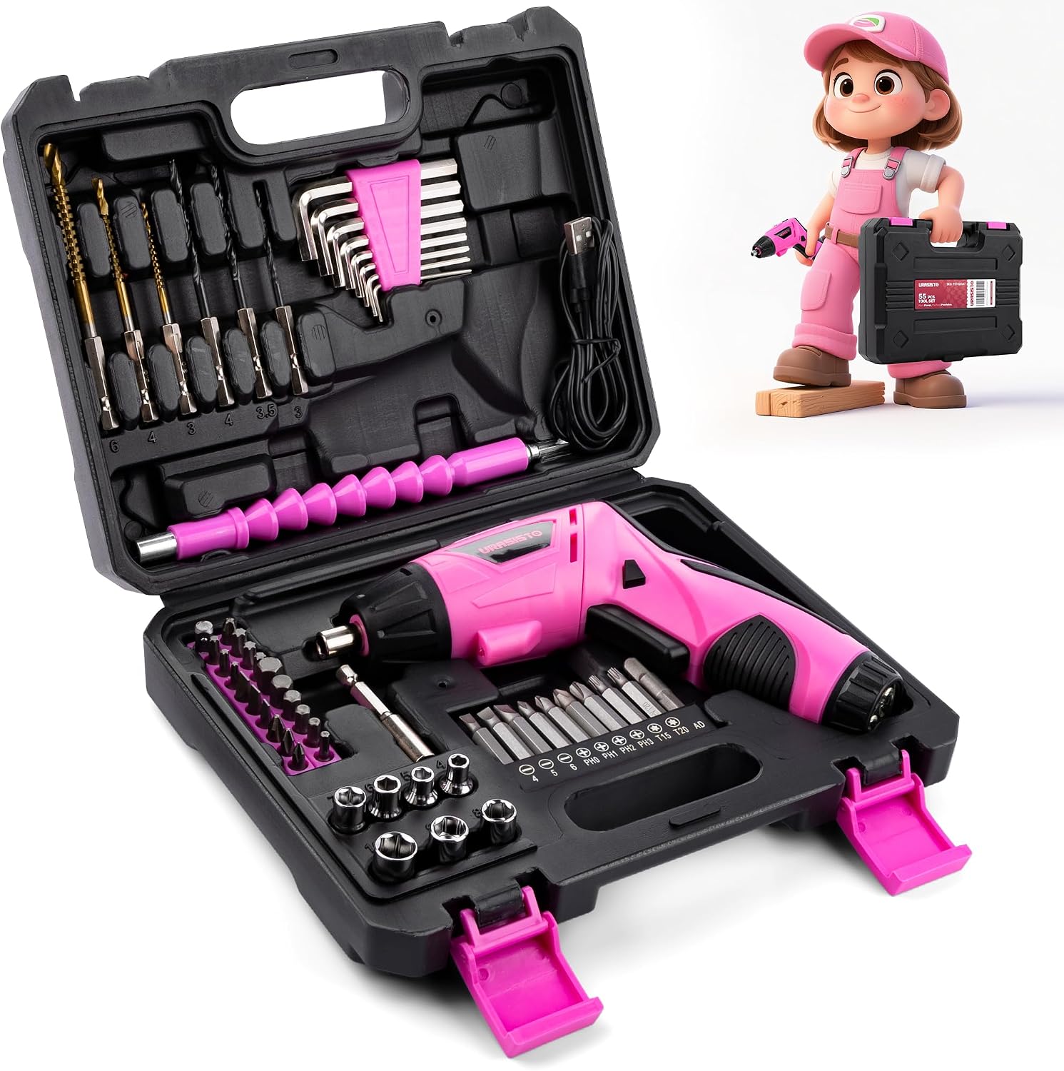 URASISTO 55-Piece Kids Real Tool Set, Electric Cordless Drill Tool Kit for Children with Interchangeable Bits, Flexible Shaft, Charger, All in Carrying Case, Power Drill Tools Set for Kid, Age 14+