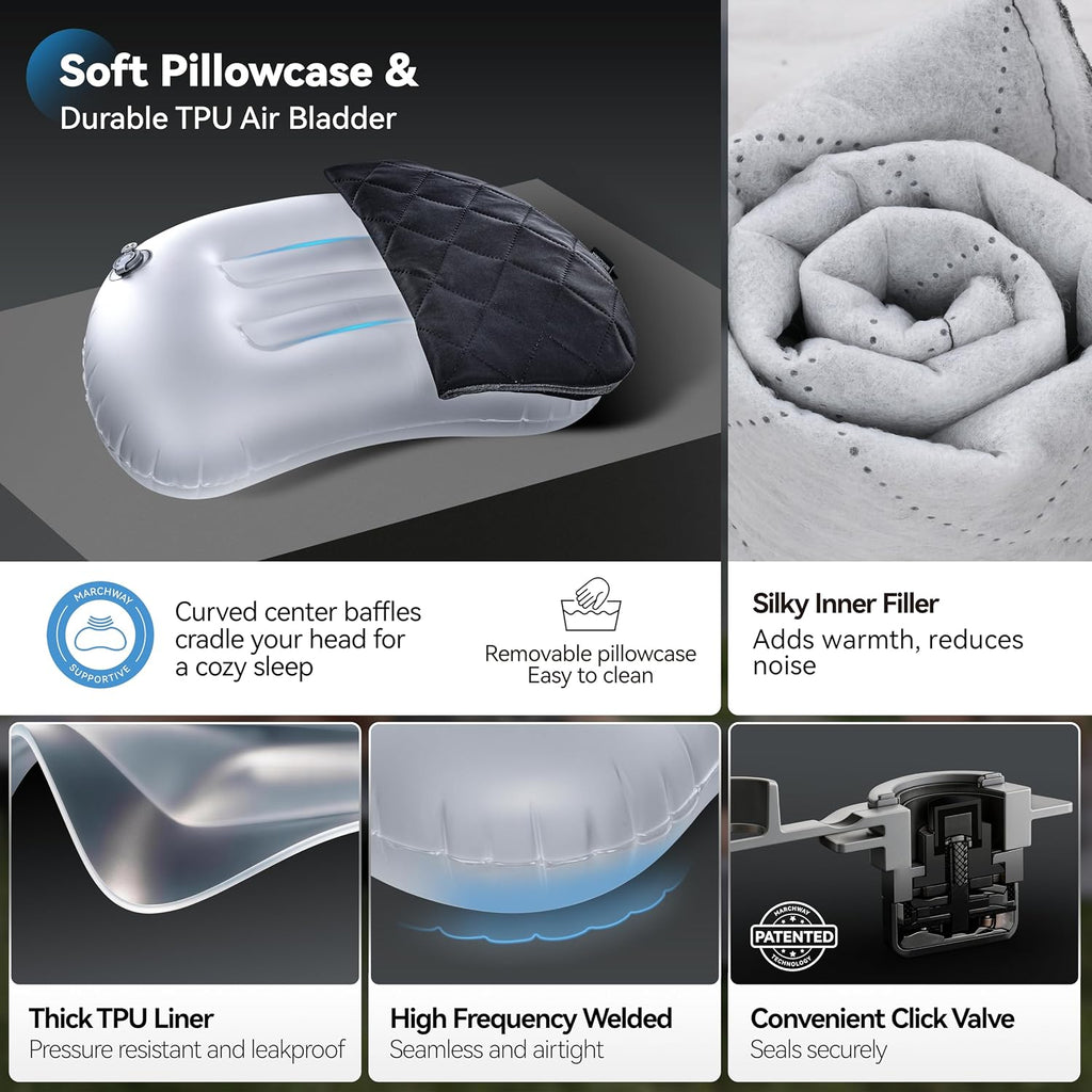 MARCHWAY Ultralight Inflatable Camping Pillow with Soft Washable Cover, Compact Compressible Portable Travel Air Pillow for Outdoor Camp, Sport, Hiking, Backpacking Sleep (Black)