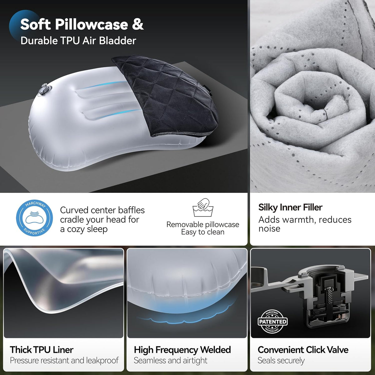 MARCHWAY Ultralight Inflatable Camping Pillow with Soft Washable Cover, Compact Compressible Portable Travel Air Pillow for Outdoor Camp, Sport, Hiking, Backpacking Sleep (Black)