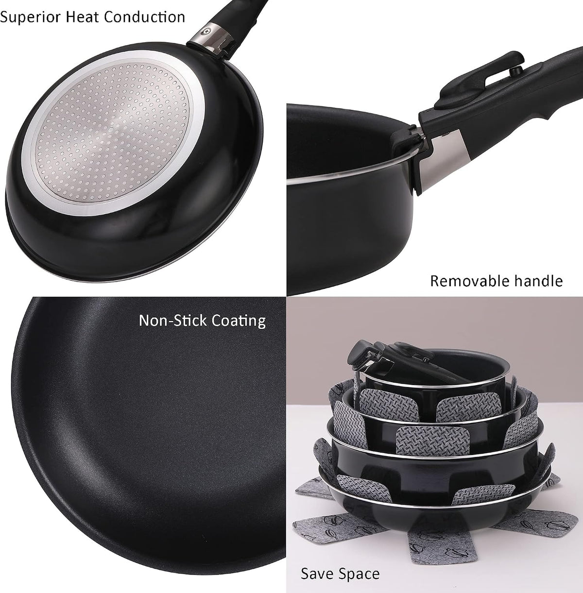 16 Pieces Kitchen Removable Handle Cookware Sets, Stackable Pots and Pans Set Nonstick for Induction Gas RVs Camping Space Saving