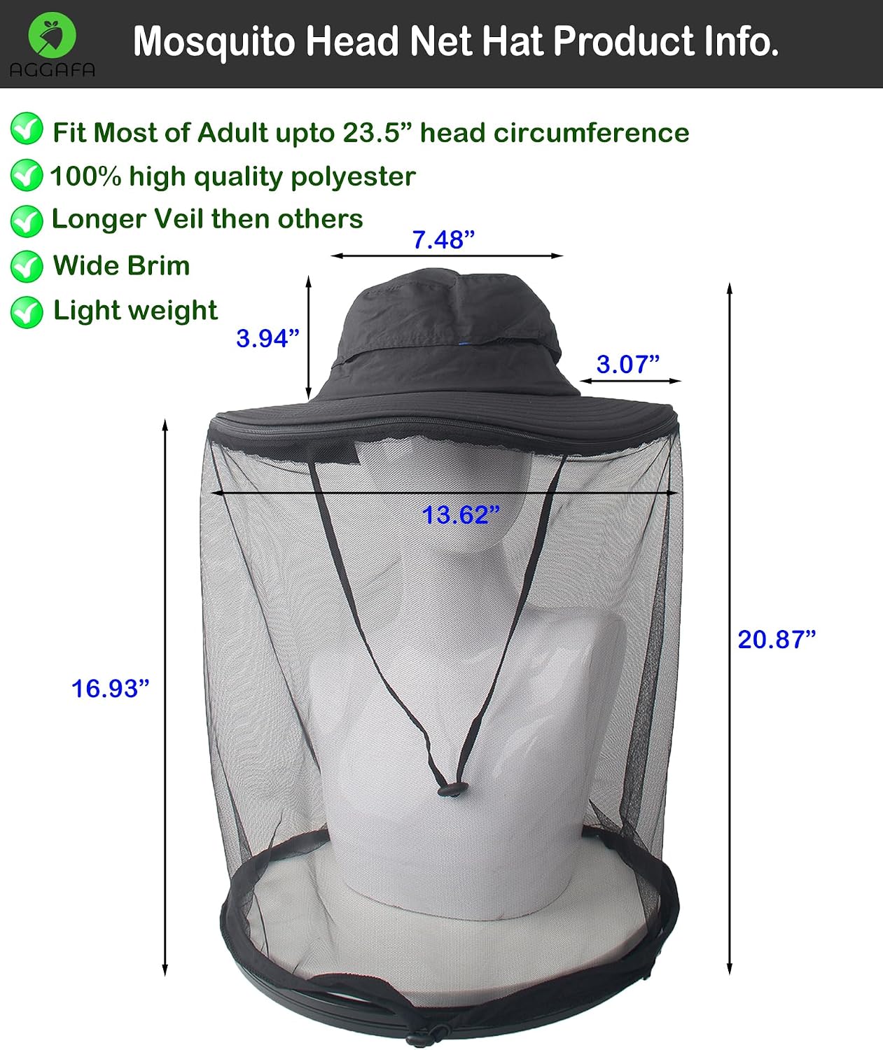 Mosquito Head Net Hat with Fine Mesh for Gardening, Fishing, Camping