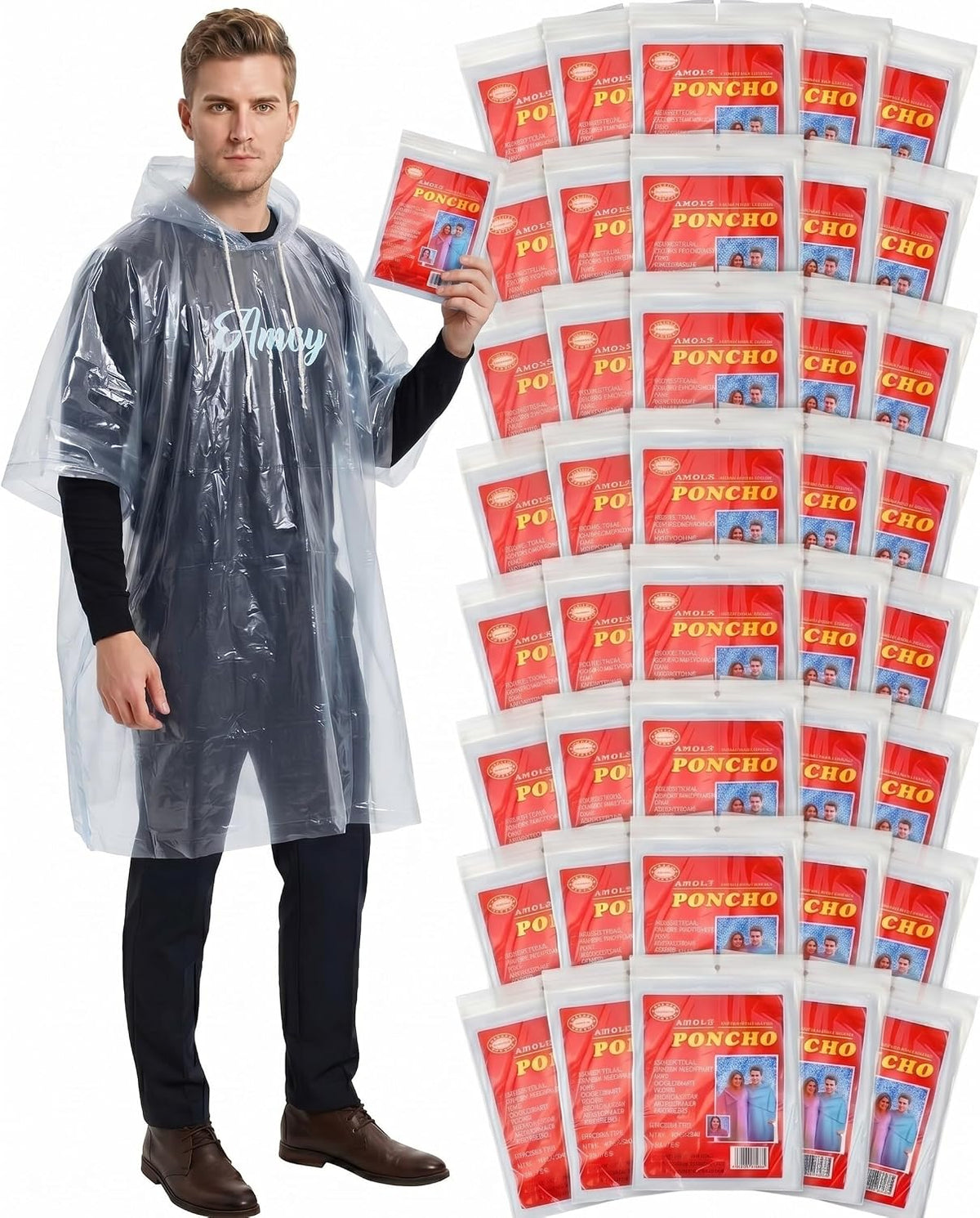 Tarpop 40 Pack Disposable Rain Ponchos Adult Drawstring Hood