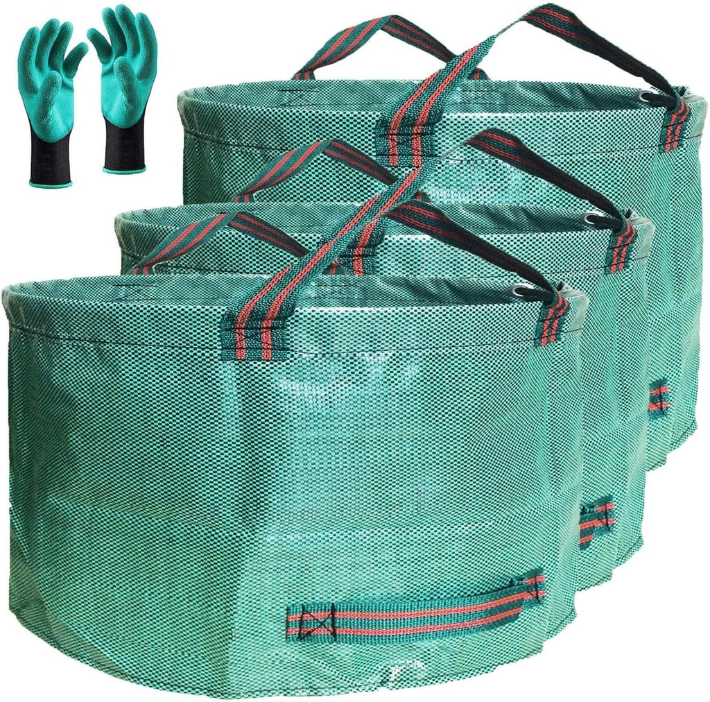 Standard 3-Pack 46 Gallon Lawn Garden Bags Big (D26,H19 in) Yard Waste Bags with Gardening Gloves for Leaf Bag,Yard Debris,Camping Waste,Garden Trash Container,Lawn Grass Clippings,Weeds Bag 4 Handles